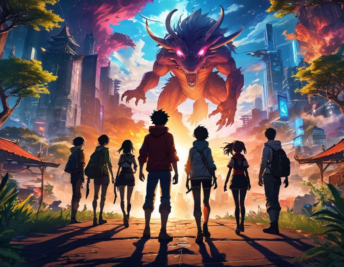 A dynamic scene showcasing a vibrant group of anime characters collaborating in an action-packed multiplayer adventure, featuring colorful visuals and captivating backgrounds. Include an imaginative landscape filled with mythical creatures and futuristic elements, while the characters use strategic elements like maps and gadgets to navigate challenges. The atmosphere should feel energetic and engaging, inviting anime enthusiasts to dive into epic gameplay. super-realistic. vibrant colors. anime-style.