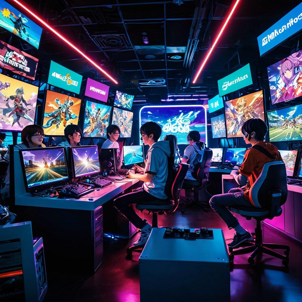 A vibrant scene featuring a diverse group of anime characters engaged in an exciting video game competition, with dynamic action and colorful gaming consoles. The background shows iconic anime landscapes merging with digital gaming elements like pixel art and glowing neon lights, all laden with cultural references. The atmosphere is lively, showcasing joy, teamwork, and camaraderie among gamers. anime-style, bright colors, action-packed, immersive depth.