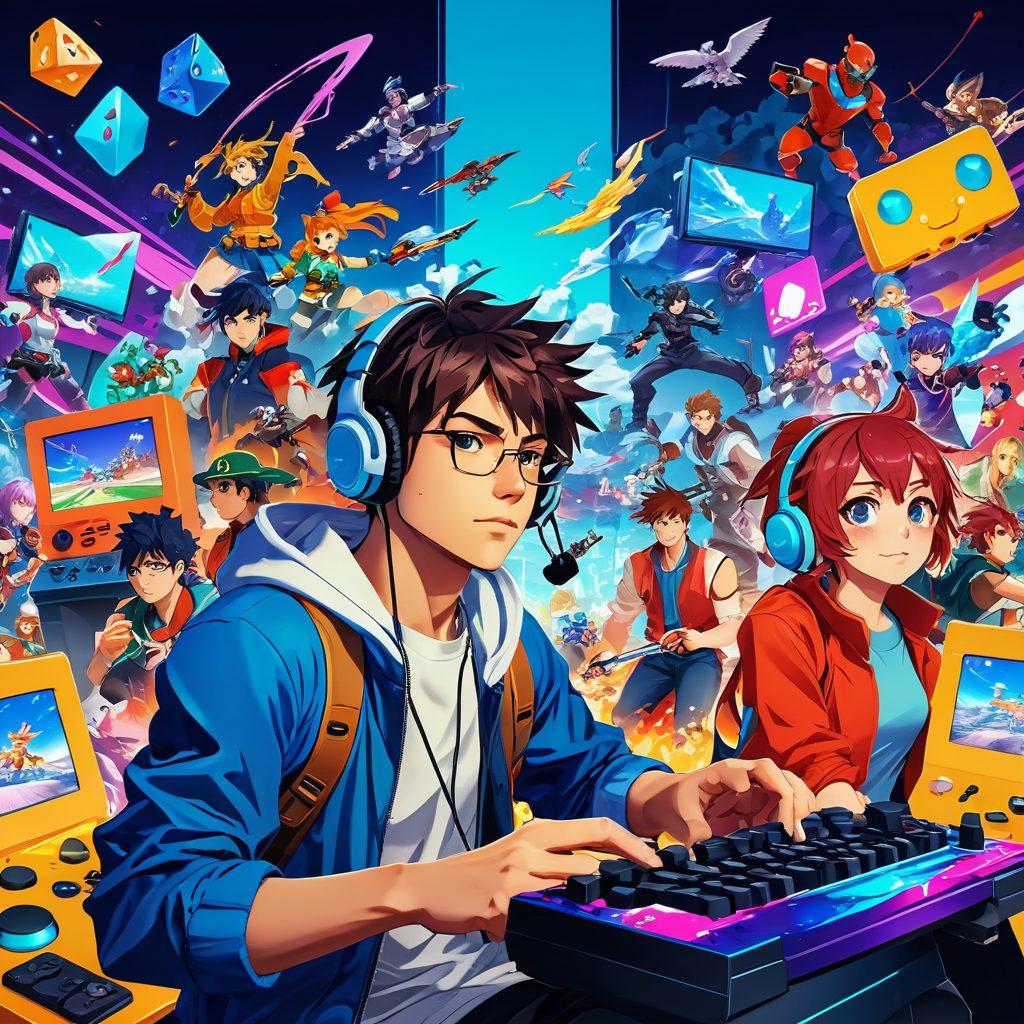 A dynamic collage of a gamer engrossed in gameplay, flanked by vibrant anime characters celebrating at an event, intertwined with gaming consoles and trending digital art. The background features iconic gaming elements like pixelated landscapes and colorful cheat codes, symbolizing the fusion of gaming and anime culture. Energetic and playful atmosphere. bold colors. digital art.
